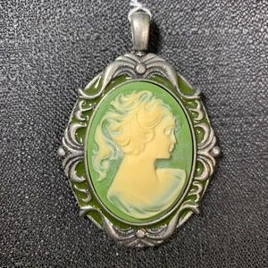 Vintage Green Silver Colored Cameo Pendant